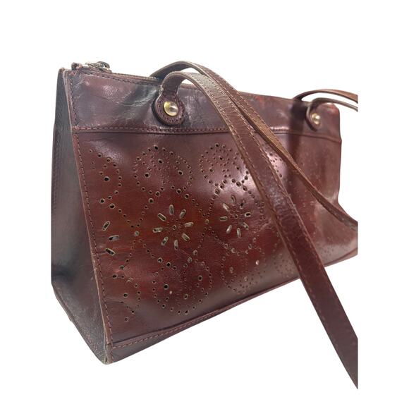 HOBO International Brown Leather Shoulder Bag Floral Perforated Zip Top Purse - Picture 11 of 12